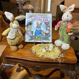 EASTER Jan Brett Illustrated “The Easter Egg” Book, 2-Stand-up Stuffed Rabbits+